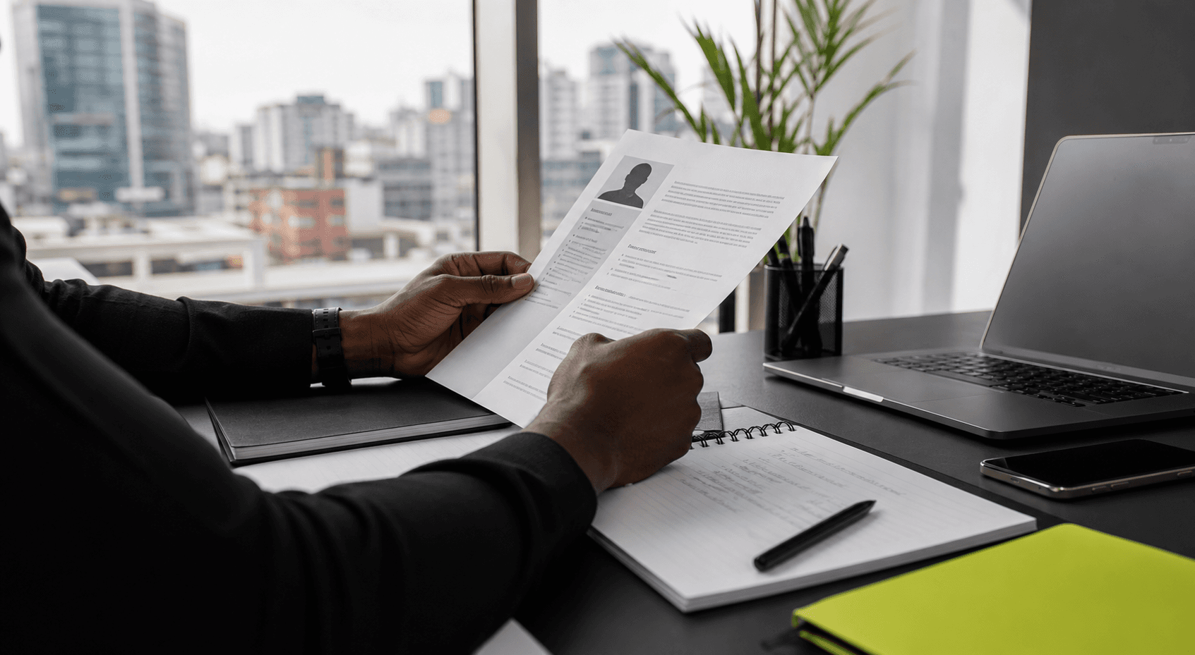 A recruiter reviewing candidate materials beside interview notes in a modern workspace.